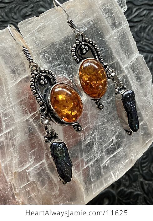 Synthetic Baltic Amber and Biwa Pearl Crystal Stone Jewelry Earrings - #RUxWTIyM92M-3