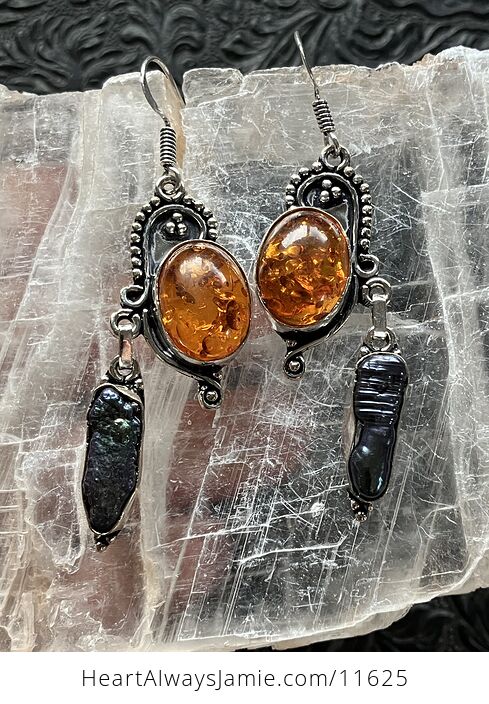 Synthetic Baltic Amber and Biwa Pearl Crystal Stone Jewelry Earrings - #RUxWTIyM92M-1