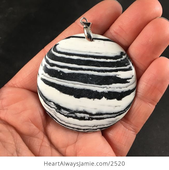 Synthetic Round Black and White Striped Stone Pendant Necklace - #a6CGIlAxwUc-2