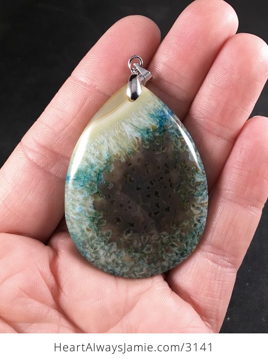Taupe Pastel Yellow and Blue Druzy Agate Stone Pendant - #4OYSBSTeVGY-1