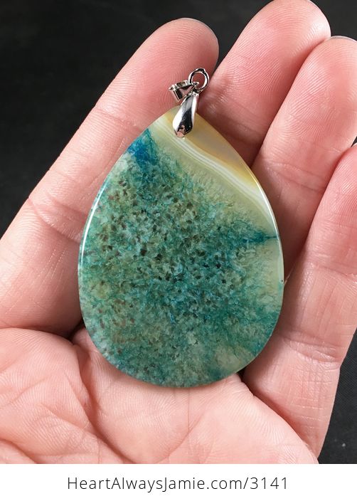 Taupe Pastel Yellow and Blue Druzy Agate Stone Pendant Necklace - #4OYSBSTeVGY-2