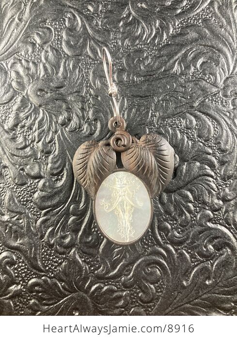 The Green Man Carved in Mother of Pearl Shell on Leaves Made of Wood Pendant Jewelry - #NJUi6TYJMUE-3