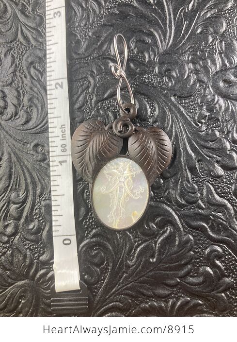 The Green Man Carved in Mother of Pearl Shell on Leaves Made of Wood Pendant Jewelry - #OV1OkxGvtoI-4