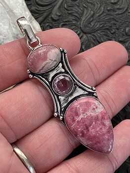 Thulite Rosaline Pink Kunzite and Rhodochrosite Crystal Stone Jewelry Pendant #bL78AJgDJQ8