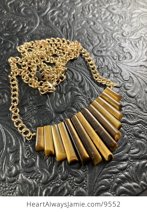 Tigers Eye Crystal Stone Bar and Gold Chain Collar Pendant Necklace - #H238Ts6gfgs-4