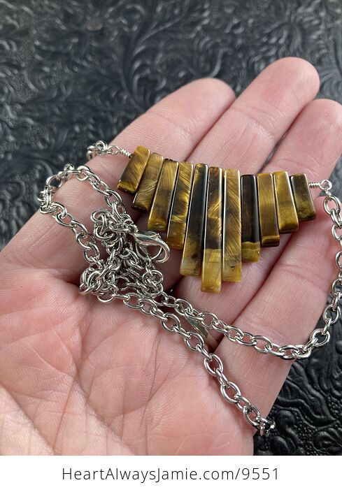 Tigers Eye Crystal Stone Bar and Silver Chain Collar Pendant Necklace - #aXdFsdLIxXI-5
