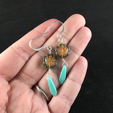 Transparent Blue and Orange Glass Hawaiian Flower and Turquoise Dagger Earrings with Silver Wire #Y2iiq4wzZS4