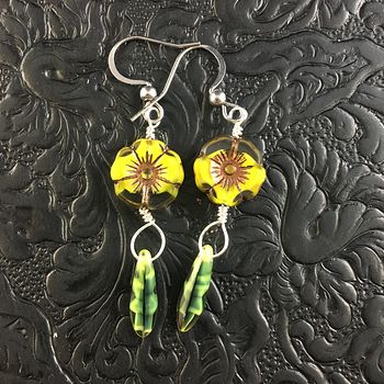 Transparent Bronze and Yellow Glass Hawaiian Flower and Green Striped Dagger Earrings with Silver Wire #NGhtqvTeo4M