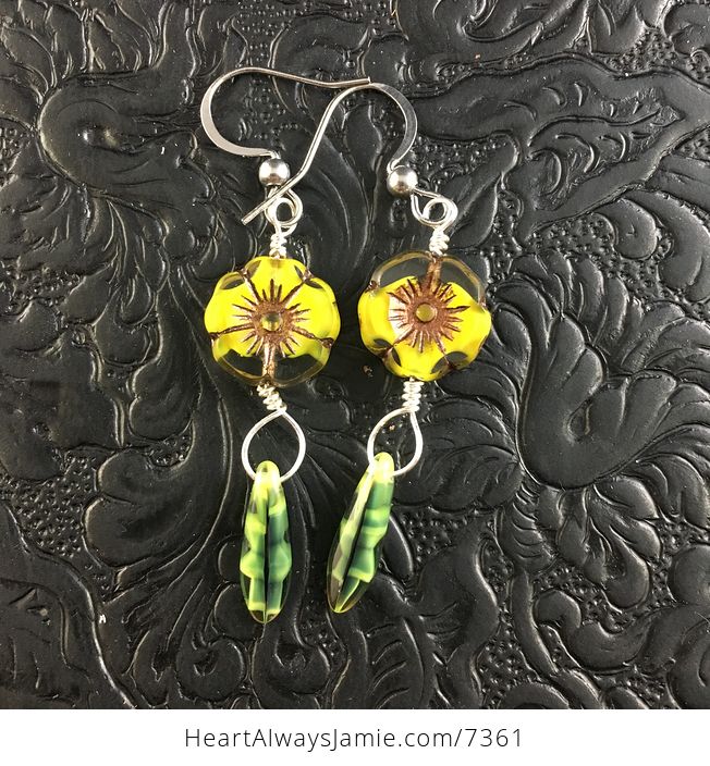 Transparent Bronze and Yellow Glass Hawaiian Flower and Green Striped Dagger Earrings with Silver Wire - #NGhtqvTeo4M-1