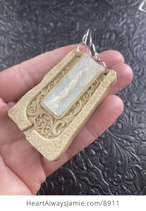 Tree Goddess Carved in Mother of Pearl Shell on Jasper Stone Pendant Jewelry - #5N2CO7kTNAw-3