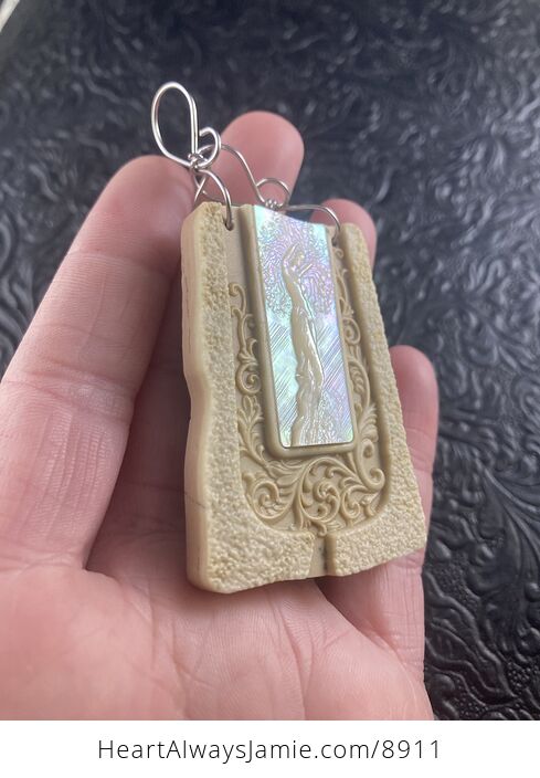 Tree Goddess Carved in Mother of Pearl Shell on Jasper Stone Pendant Jewelry - #5N2CO7kTNAw-4