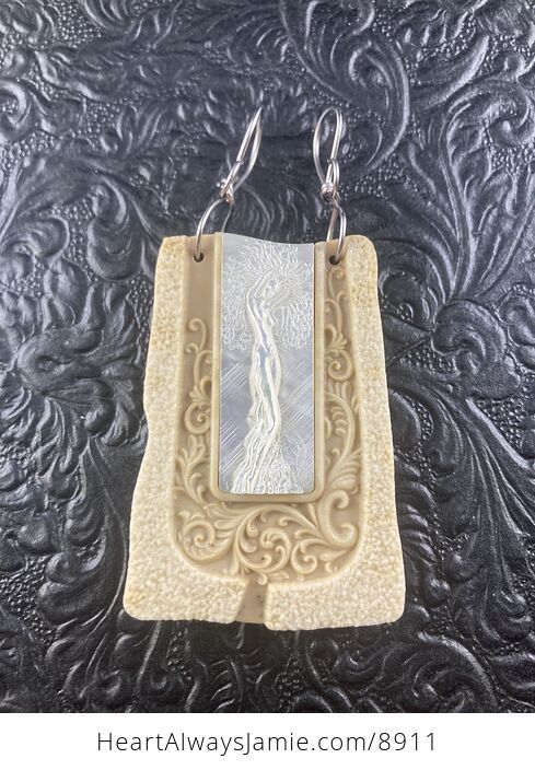 Tree Goddess Carved in Mother of Pearl Shell on Jasper Stone Pendant Jewelry - #5N2CO7kTNAw-5