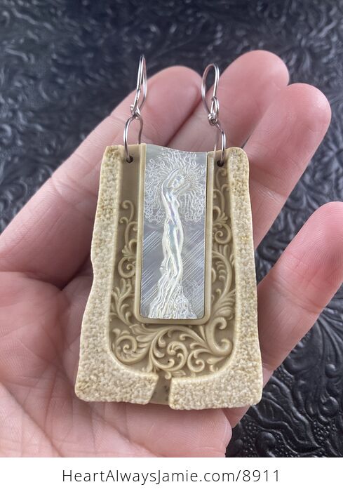 Tree Goddess Carved in Mother of Pearl Shell on Jasper Stone Pendant Jewelry - #5N2CO7kTNAw-1