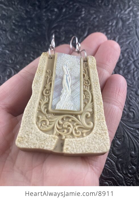 Tree Goddess Carved in Mother of Pearl Shell on Jasper Stone Pendant Jewelry - #5N2CO7kTNAw-2