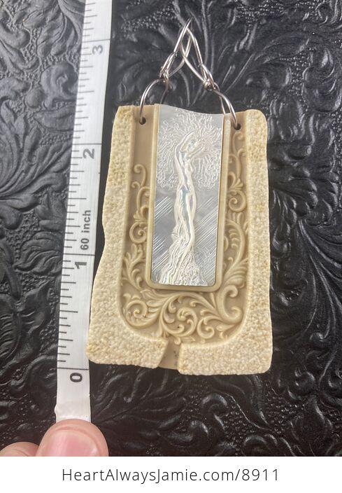 Tree Goddess Carved in Mother of Pearl Shell on Jasper Stone Pendant Jewelry - #5N2CO7kTNAw-7