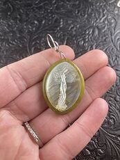 Tree Goddess Carved in Mother of Pearl Shell on Lemon Jade Stone Pendant Jewelry #9QpVry56Bos