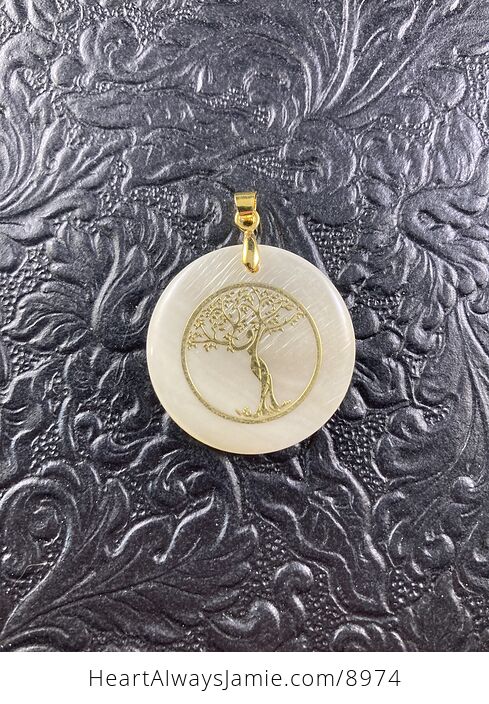 Tree Goddess Carved in Mother of Pearl Shell on Lemon Jade Stone Pendant Jewelry - #7fiqL1yn7HI-6