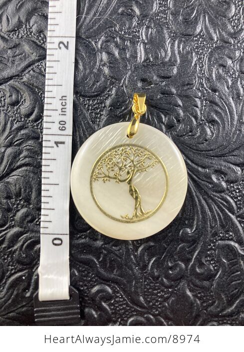 Tree Goddess Carved in Mother of Pearl Shell on Lemon Jade Stone Pendant Jewelry - #7fiqL1yn7HI-5