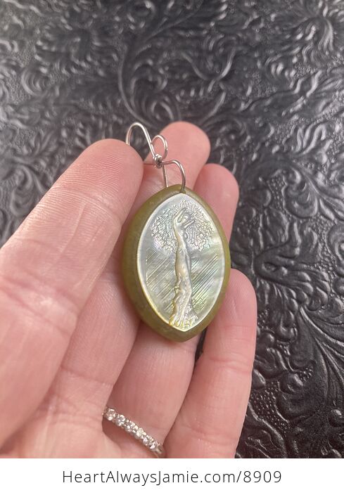 Tree Goddess Carved in Mother of Pearl Shell on Lemon Jade Stone Pendant Jewelry - #9QpVry56Bos-4