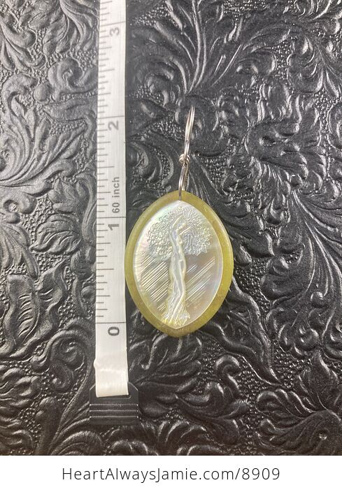 Tree Goddess Carved in Mother of Pearl Shell on Lemon Jade Stone Pendant Jewelry - #9QpVry56Bos-6
