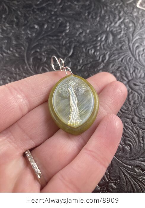 Tree Goddess Carved in Mother of Pearl Shell on Lemon Jade Stone Pendant Jewelry - #9QpVry56Bos-2