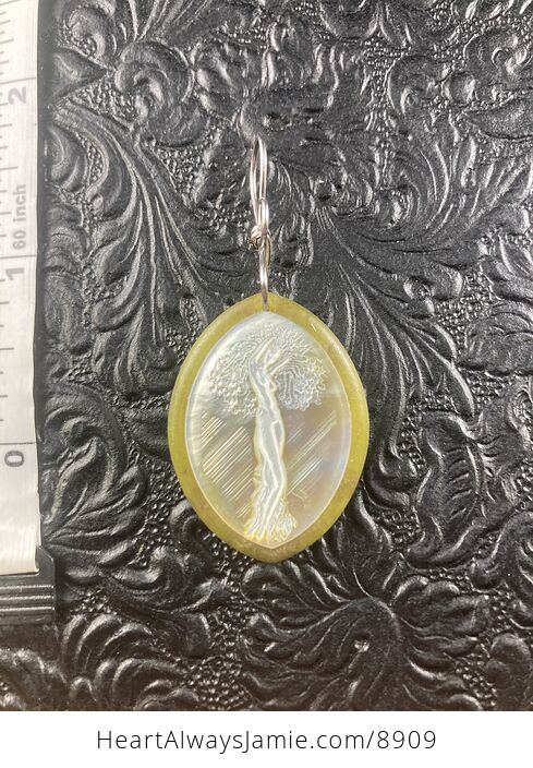 Tree Goddess Carved in Mother of Pearl Shell on Lemon Jade Stone Pendant Jewelry - #9QpVry56Bos-5