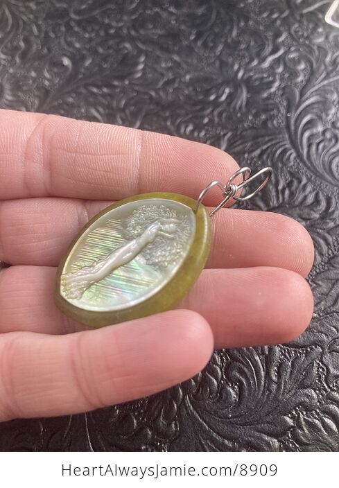 Tree Goddess Carved in Mother of Pearl Shell on Lemon Jade Stone Pendant Jewelry - #9QpVry56Bos-3