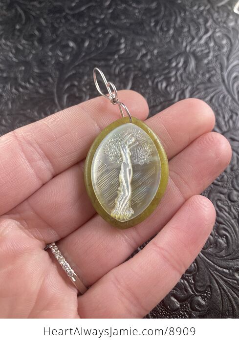 Tree Goddess Carved in Mother of Pearl Shell on Lemon Jade Stone Pendant Jewelry - #9QpVry56Bos-1