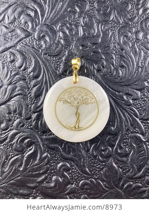 Tree Goddess Carved in Mother of Pearl Shell on Lemon Jade Stone Pendant Jewelry - #hoheGNfKIFo-1