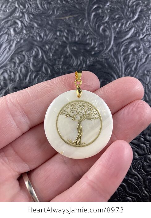 Tree Goddess Carved in Mother of Pearl Shell on Lemon Jade Stone Pendant Jewelry - #hoheGNfKIFo-2