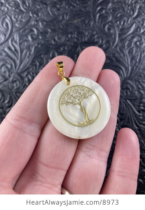 Tree Goddess Carved in Mother of Pearl Shell on Lemon Jade Stone Pendant Jewelry - #hoheGNfKIFo-3