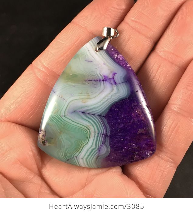 Triangle Shaped Green and Purple Drusy Agate Stone Pendant - #eAXEoWyt57o-1