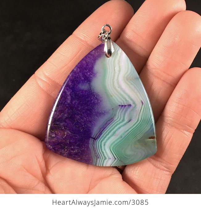 Triangle Shaped Green and Purple Drusy Agate Stone Pendant Necklace - #eAXEoWyt57o-2