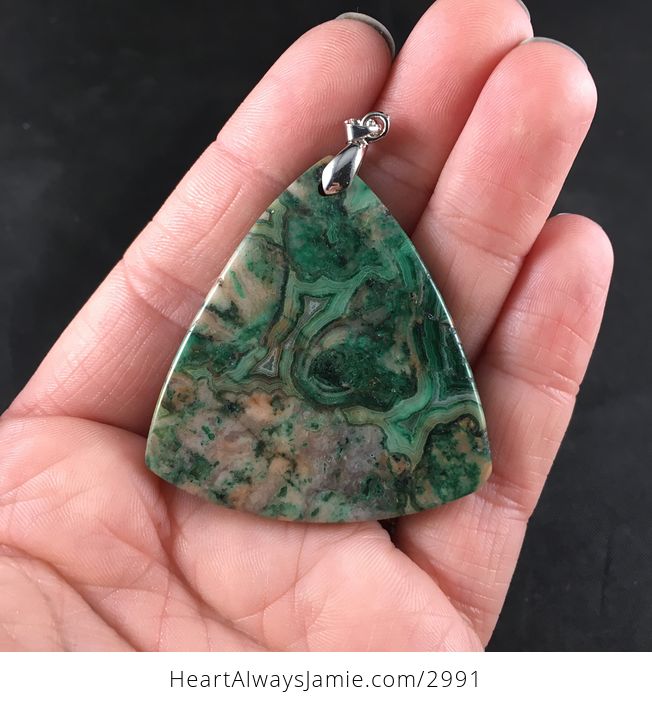 Triangle Shaped Orange and Green Crazy Lace Agate Stone Pendant Necklace - #veEIWoC845o-2