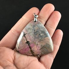 Triangle Shaped Pink Rhodonite Stone Jewelry Pendant #7vLq3kbGKD0