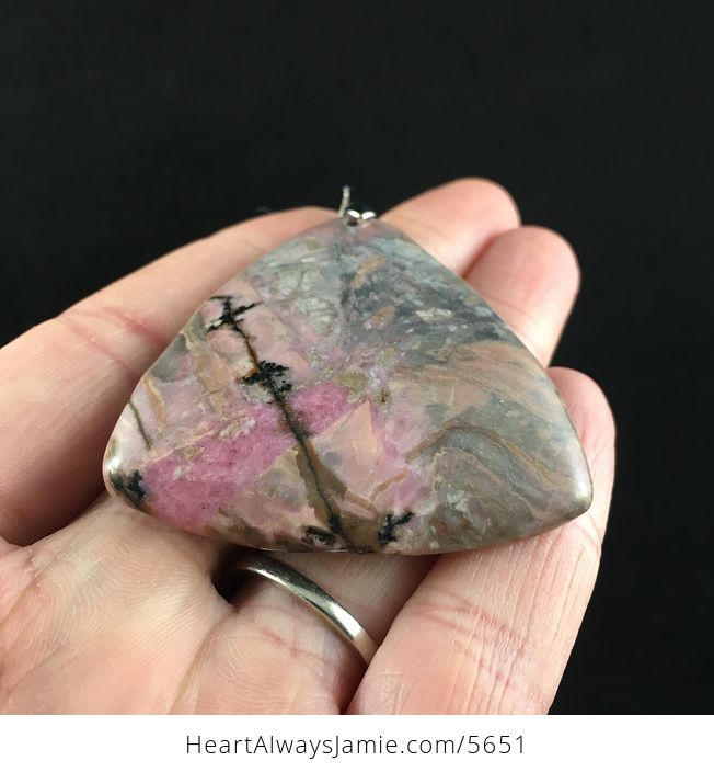 Triangle Shaped Pink Rhodonite Stone Jewelry Pendant - #7vLq3kbGKD0-2