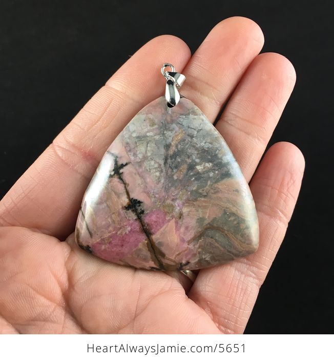 Triangle Shaped Pink Rhodonite Stone Jewelry Pendant - #7vLq3kbGKD0-1