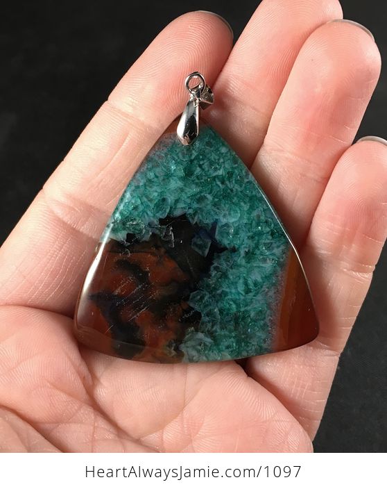 Triangular Brown and Green and Teal Druzy Agate Stone Pendant Necklace - #qeOf7Gu0Ah4-2