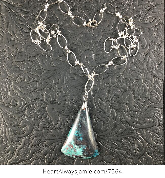 Triangular Chrysocolla Stone Jewelry Pendant Necklace with Oval Link Chain - #lJi1Xww1UJg-8