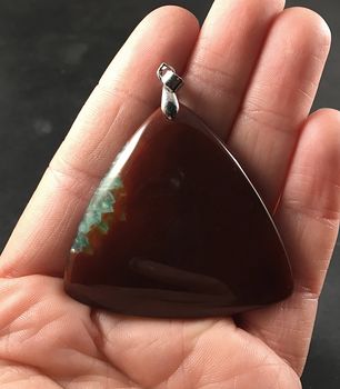 Triangular Dark Reddish Brown and Green Druzy Agate Stone Pendant #ADwmHUQFCZ4