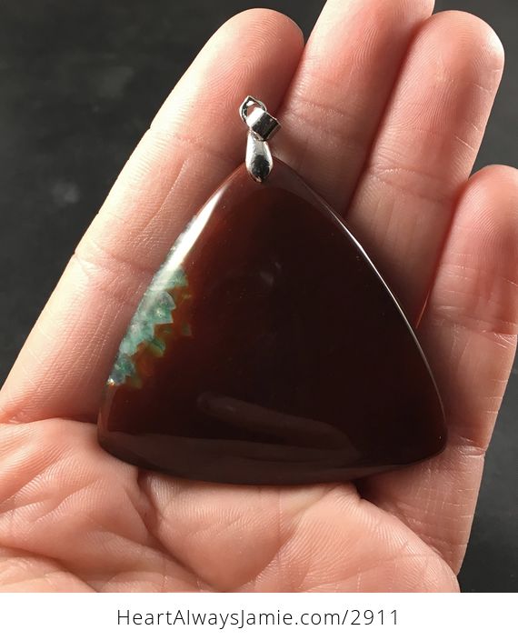 Triangular Dark Reddish Brown and Green Druzy Agate Stone Pendant - #ADwmHUQFCZ4-1