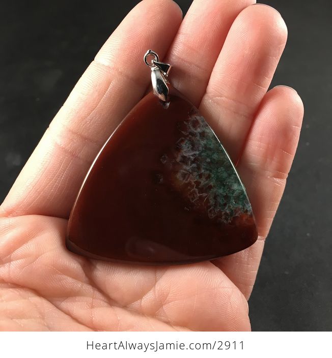 Triangular Dark Reddish Brown and Green Druzy Agate Stone Pendant Necklace - #ADwmHUQFCZ4-2
