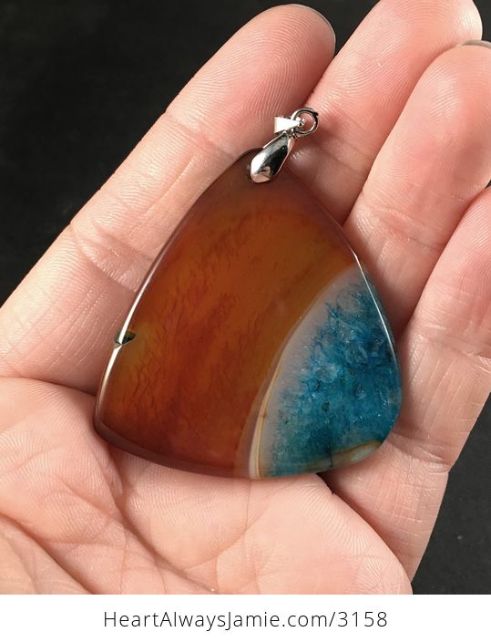 Triangular Orange and Blue Druzy Agate Stone Pendant Necklace - #n2A6iTJrTYs-2