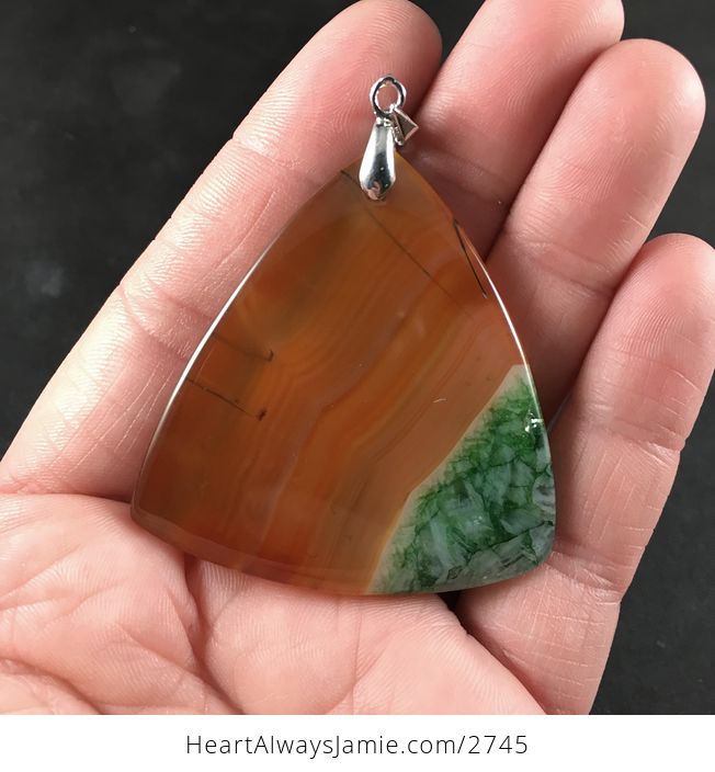 Triangular Orange and Green Druzy Agate Stone Pendant Necklace - #eMYJVnRzKNI-2