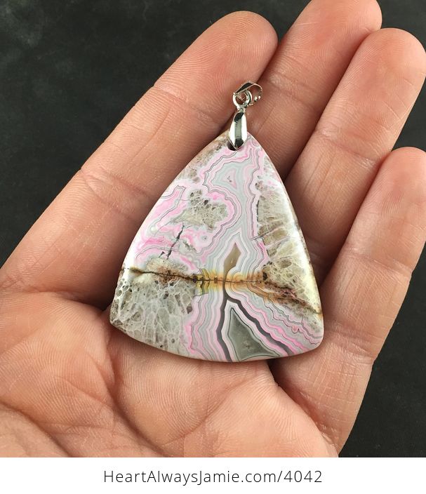 Triangular Pink and Beige Mexico Crazy Lace Agate Stone Pendant Necklace - #elZRCFZn4pE-1