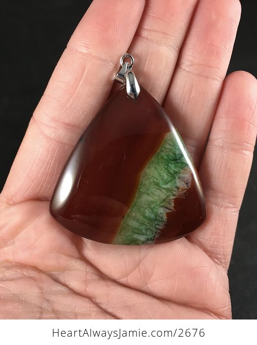 Triangular Red and Brown and Green Druzy Agate Stone Pendant - #PNKSMicFtOM-1