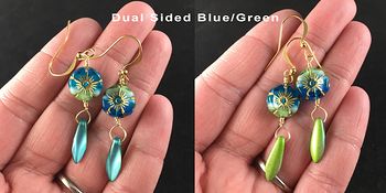 Tropical Blue Green Hawaiian Flower and Dual Sided Blue and Green Dagger Earrings with Gold Wire #fyIXNKeLS5w