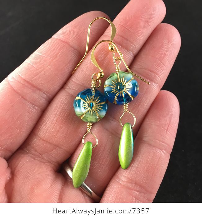 Tropical Blue Green Hawaiian Flower and Dual Sided Blue and Green Dagger Earrings with Gold Wire - #fyIXNKeLS5w-2