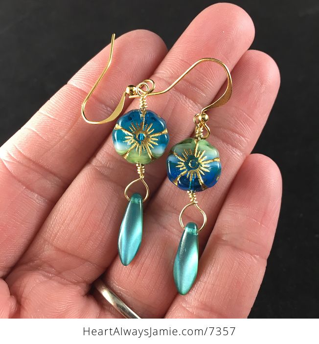 Tropical Blue Green Hawaiian Flower and Dual Sided Blue and Green Dagger Earrings with Gold Wire - #fyIXNKeLS5w-3