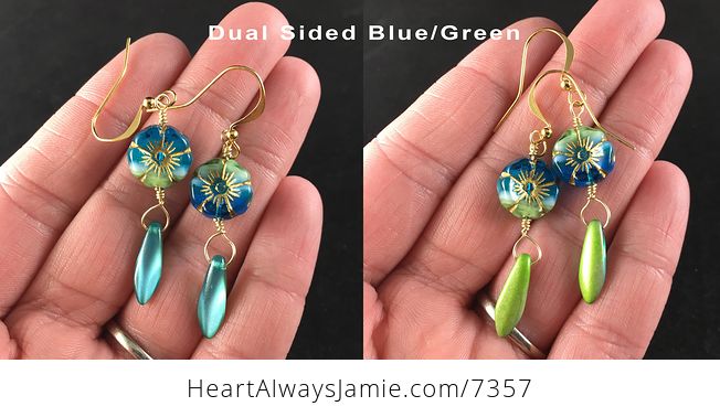 Tropical Blue Green Hawaiian Flower and Dual Sided Blue and Green Dagger Earrings with Gold Wire - #fyIXNKeLS5w-1